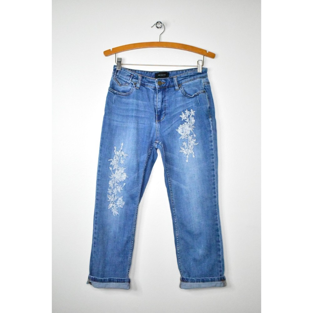 Who What Wear High Rise Ankle Cropped Jeans Size 4 Embroidered Denim Blue Cuffed